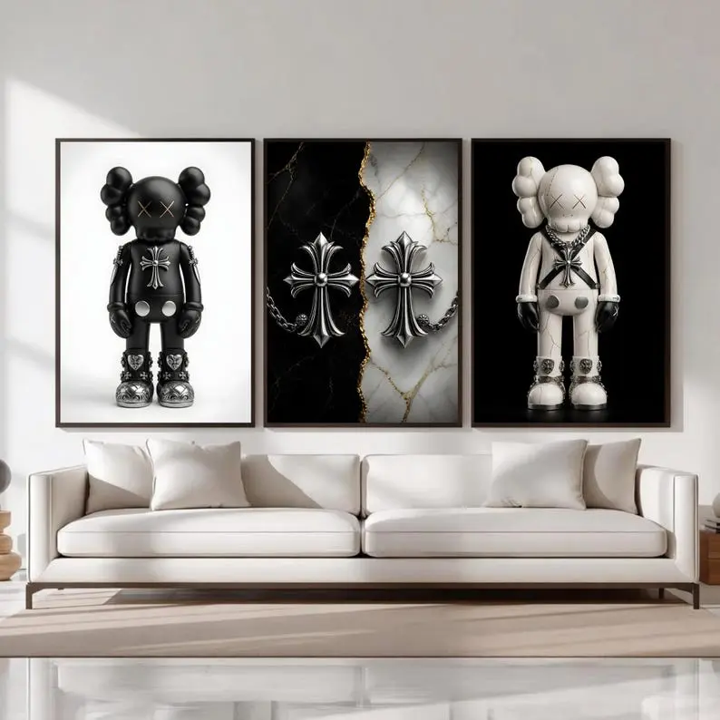 Chrome Hearts Kaws Poster Set of 3, Black White Hypebeast Decor Wall Art, Product without frame