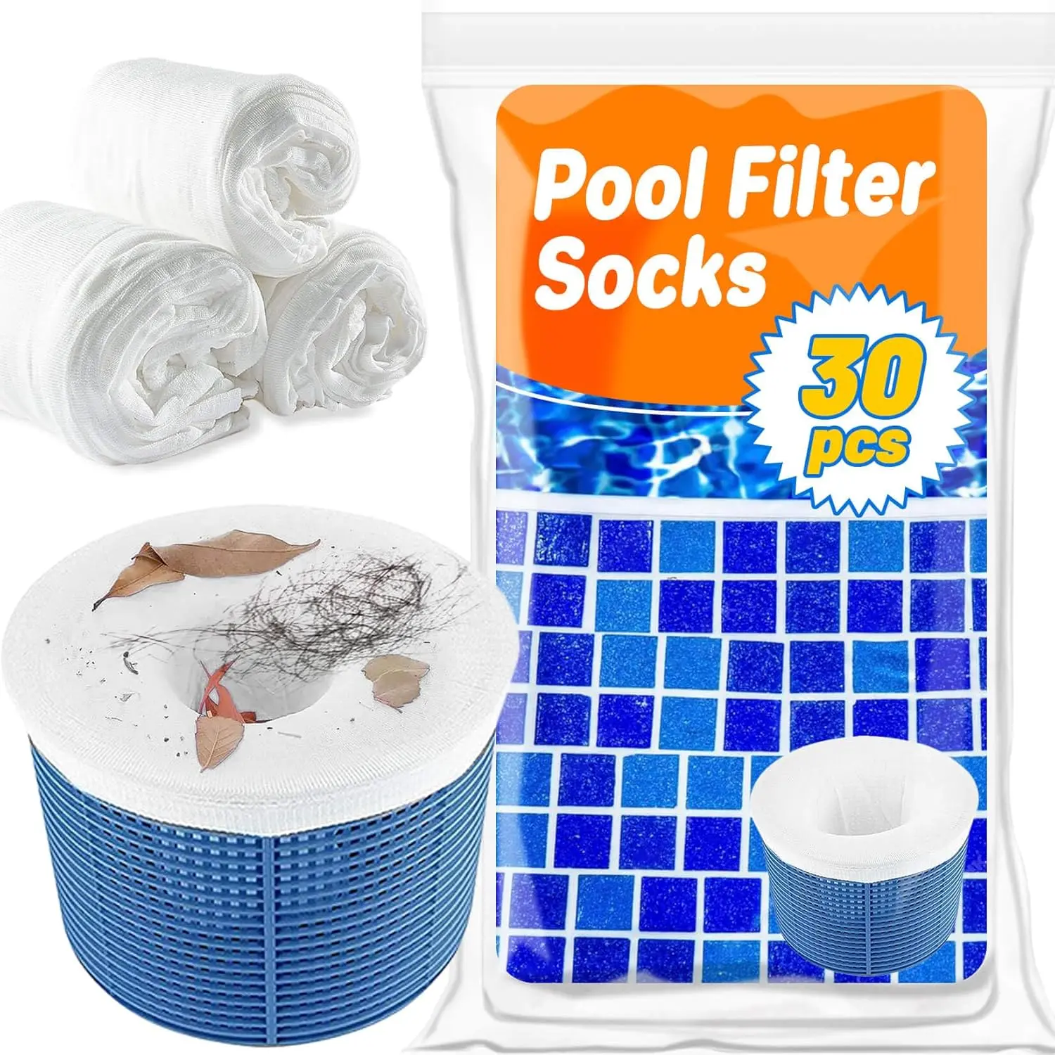 30 Pcs Synthetic Easy-to-Clean Debris & Leaf Savers - Pool Skimmer Filter Socks for Skimmer Baskets, In-Ground/Above-Ground Pools, Commercial Use & Hot Tubs