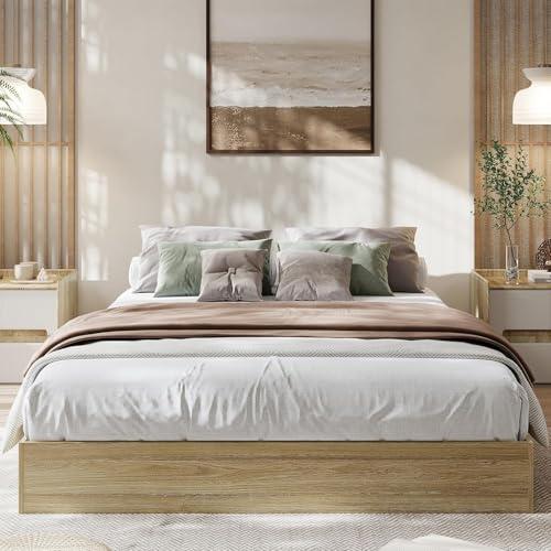 GAOMON California King Size Solid Wood Platform Bed with Sturdy Wooden Slats, Floor-Standing Bed Frame, Modern Minimalist Design Bed Frame, No Box Spring Needed, Space Saver, Easy Assembly, Golden Tan Wood