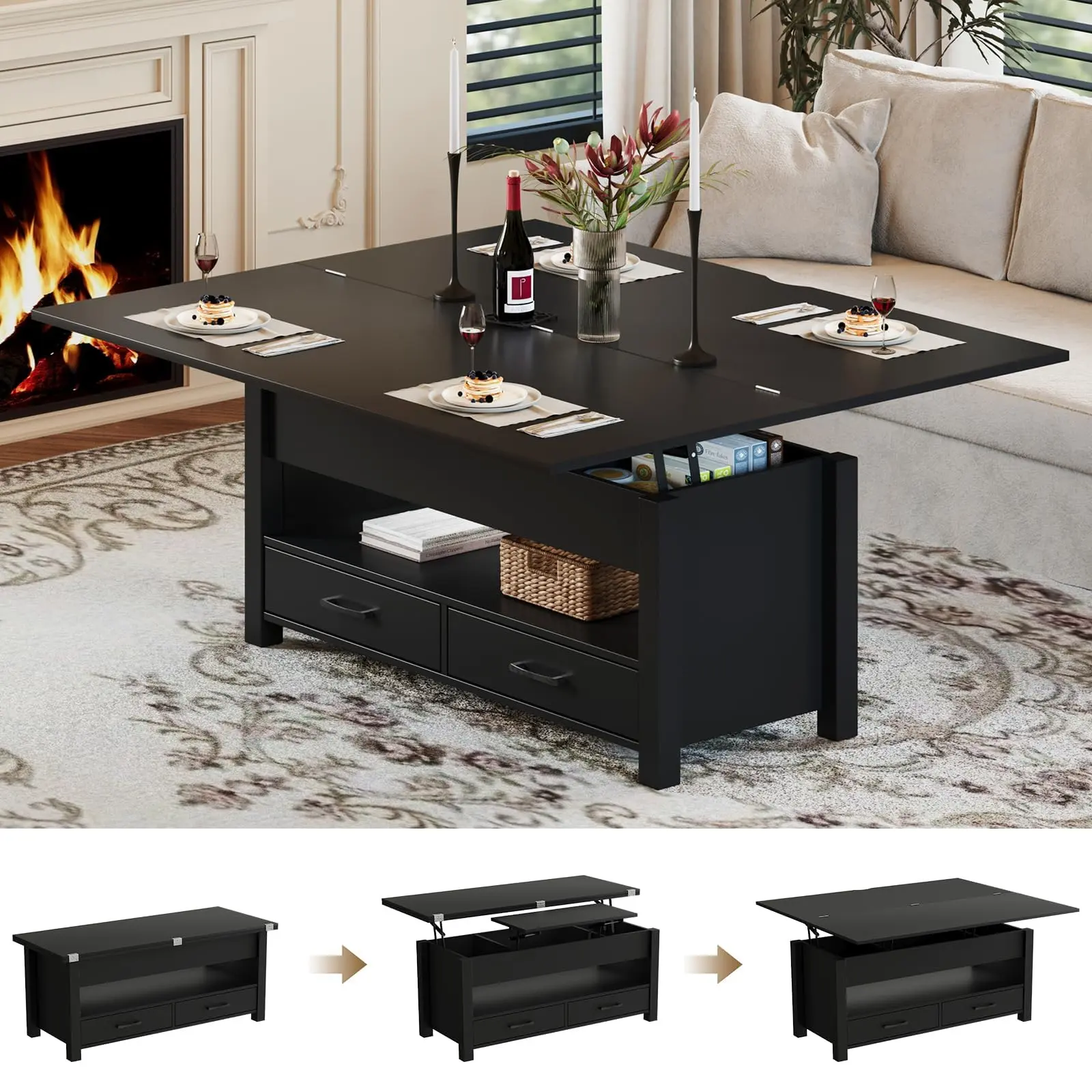 【Fall Sale】40" 4-in-1 Height-Adjustable Lift-Top 2-in-1 Space-Saving Coffee to Dining Table - 39.4" x 39.4" x 25.5", Multi-Function Storage (Drawers, Hidden Compartment), Foldable Computer Desk - Living Room Indoor Furniture for Small Apartments, Dorms