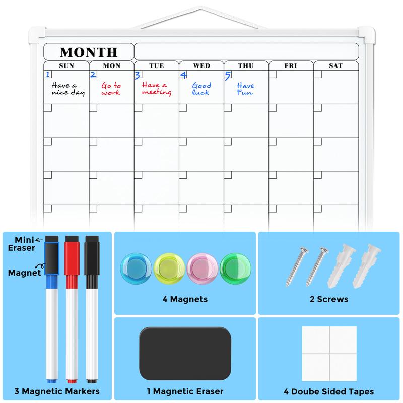 MaxGear 16"x12" Double-Sided Monthly Calendar Dry Erase Board for Wall Hanging Whiteboard with 3 Markers & 4 Magnets Portable for Students Planning Drawing Memo To-Do List