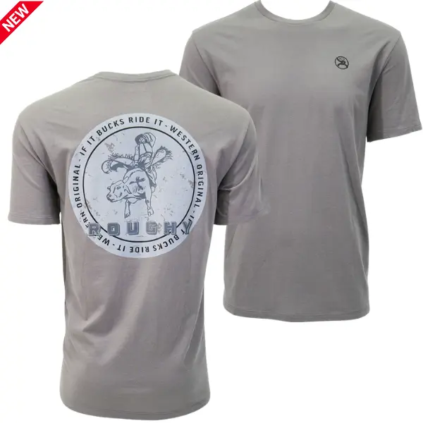 Hooey Roughy Bull Riding T-Shirt, Bucking Cowboy on Rodeo Bull Inside Vintage Circle Badge, Western Original Back Print, Casual Graphic Tee for Men Women