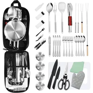 Essential Camping Utensils Set, Campers Mess Gear Kit, Portable Stainless Steel Kitchen Accessories, Must Have Car Travel Cutlery, Cookware Cooking Tools Equipment, Outdoor Survival  Men and Women