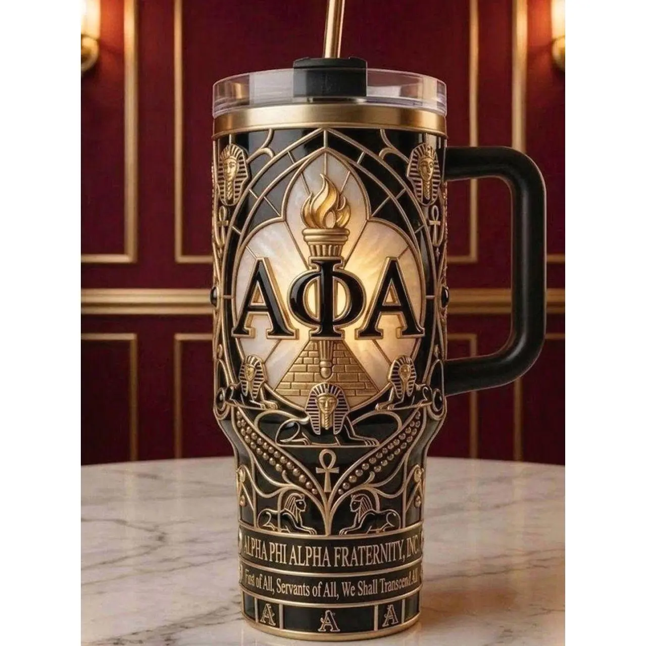Alpha Phi Alpha 40oz Tumbler with Handle | Custom AFA Fraternity Gifts | Premium Black & Gold Insulated Travel Mug with Straw