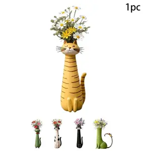 Cute Cat Vase Resin Statue Handmade Small Flower Pot Decor Desk Ornament, Exotic Cat Statue for Home Office Living Room Bookshelf Flower Pot Gift Whimsical Fun Decoration Decorative Vase, Table Decor