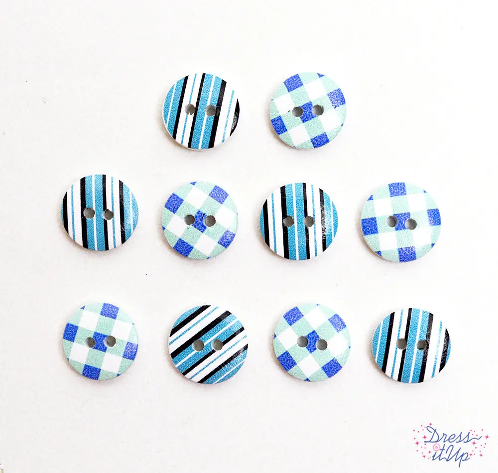 Designer Patterned Buttons in Waterfall Blue 15mm 2 Hole Wood