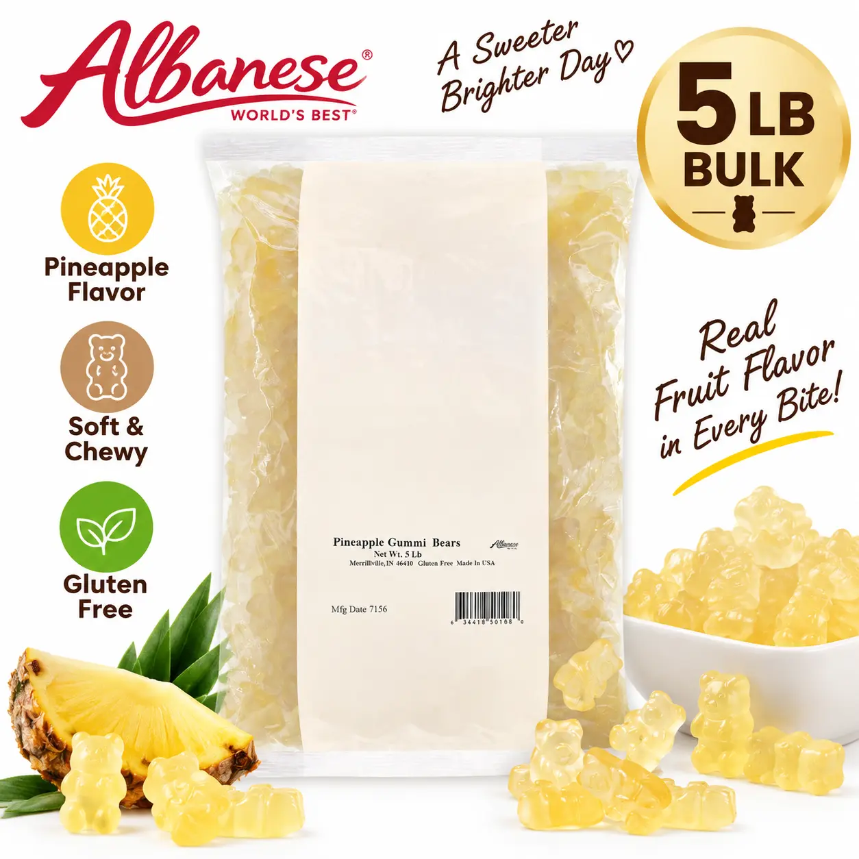 Albanese Pineapple Gummi Bears, 5lb Bulk Bag, Tropical Fruit Gummy Candy