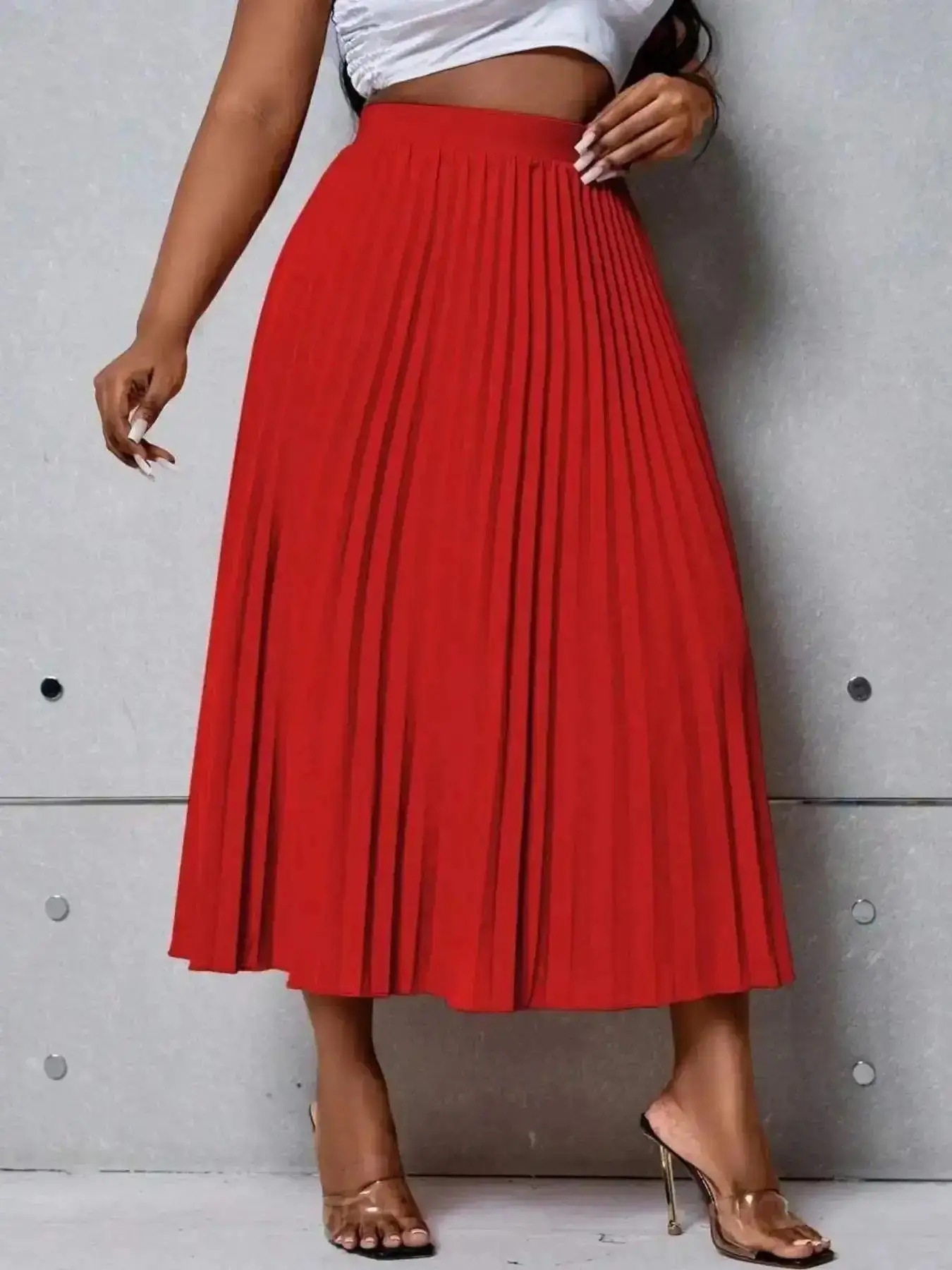 [plus Size]solid Color Pleated Skater Skirt, Casual Fashion Skirt for Daily Outdoor Wear, Women Plus Clothing for All Seasons, Easy Styling, Wardrobe Staple, Classic Design, Minimalist Chic, Modern Design