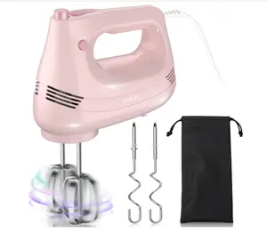 Electric Hand Mixer with Stainless Steel Whisk, Dough Hook Attachment and Storage Bag, Handheld Mixer for Baking Cakes, Eggs, Cream Food Mixers. Turbo Boost /5 Speed Kitchen Blender PINK