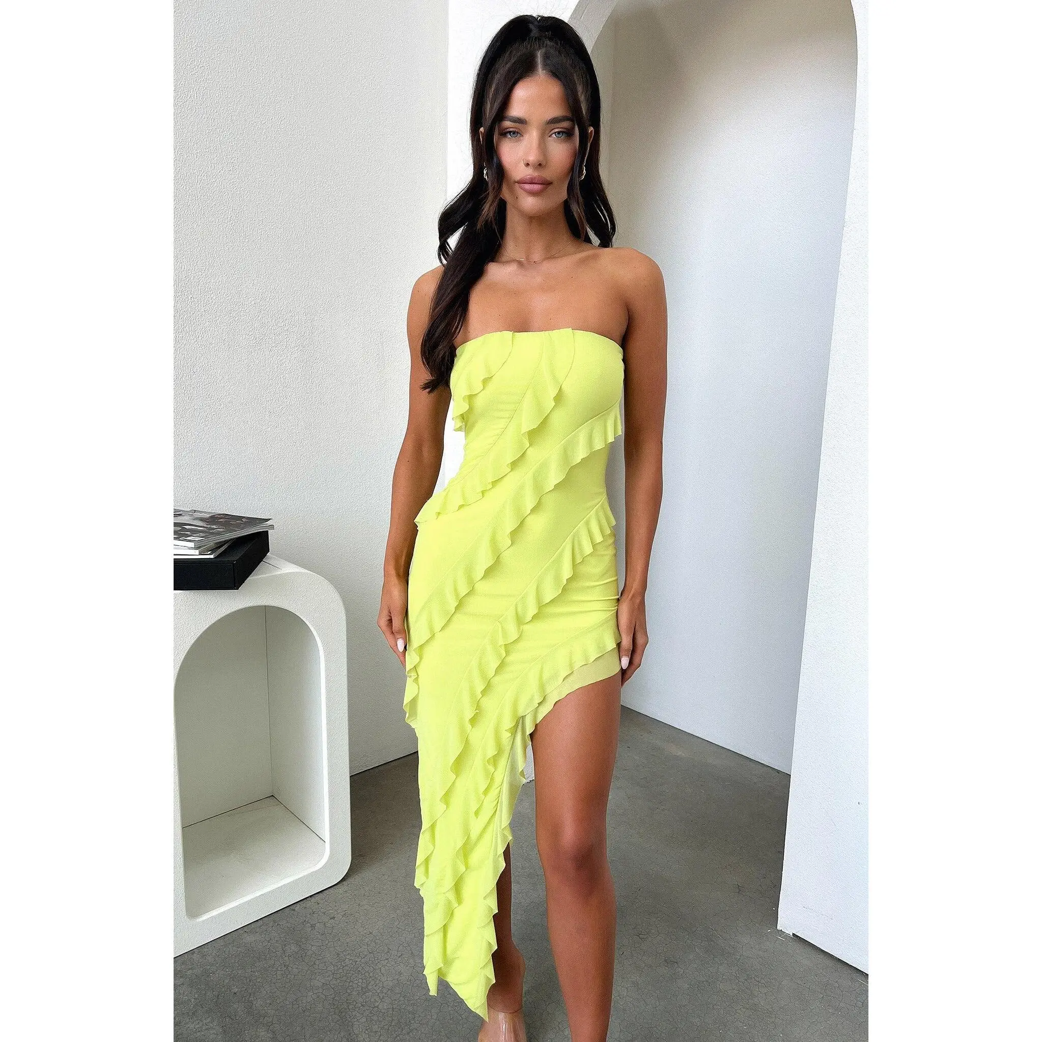 Jadore Strapless Ruffle Midi Dress - Lime