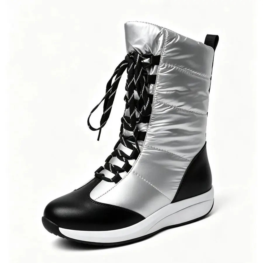 AMINUGAL Silver & Black Lace-Up Boot with White Sole and Comfortable Design for Everyday Wear