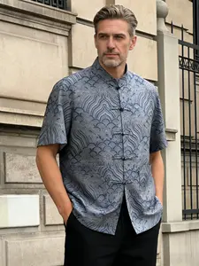 New Traditional Tang Costume Short Sleeve Shirt, Casual Mandarin Collar Button Blouse for Men, Lightweight Comfortable Fabric Summer Wear