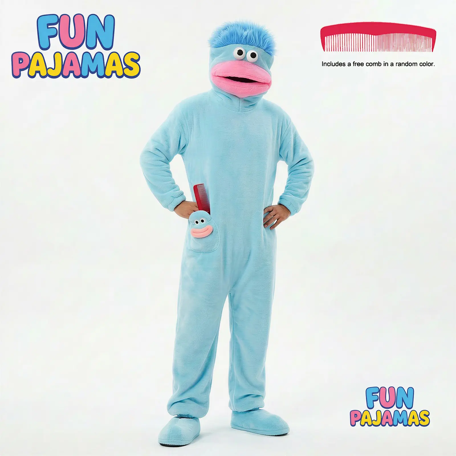 Blue Funny Onesie Set, Monster Shape Soft Loose Hooded Long Sleeve Flannel Pajamas, Home and Party Casual Wear, Cozy Wear, 3 Piece Set Includes Sleepwear + Comb + Shoes, Loungewear