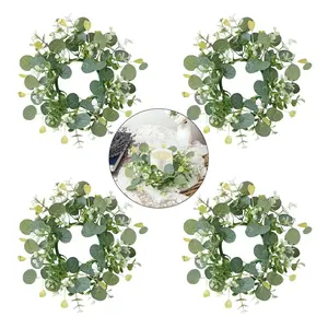 4 Piece Eucalyptus Wreath Set, Realistic Kitchen Cabinet Decor, Farmhouse Style Artificial Greenery, Candle Ring, Column Candle Holder