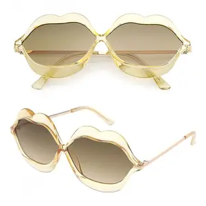 Smooch Oversized Lip Shape Statement Sunglasses - Translucent Plastic Frame, Bold Look, Gradient Lens, Golden Fashion Eyewear