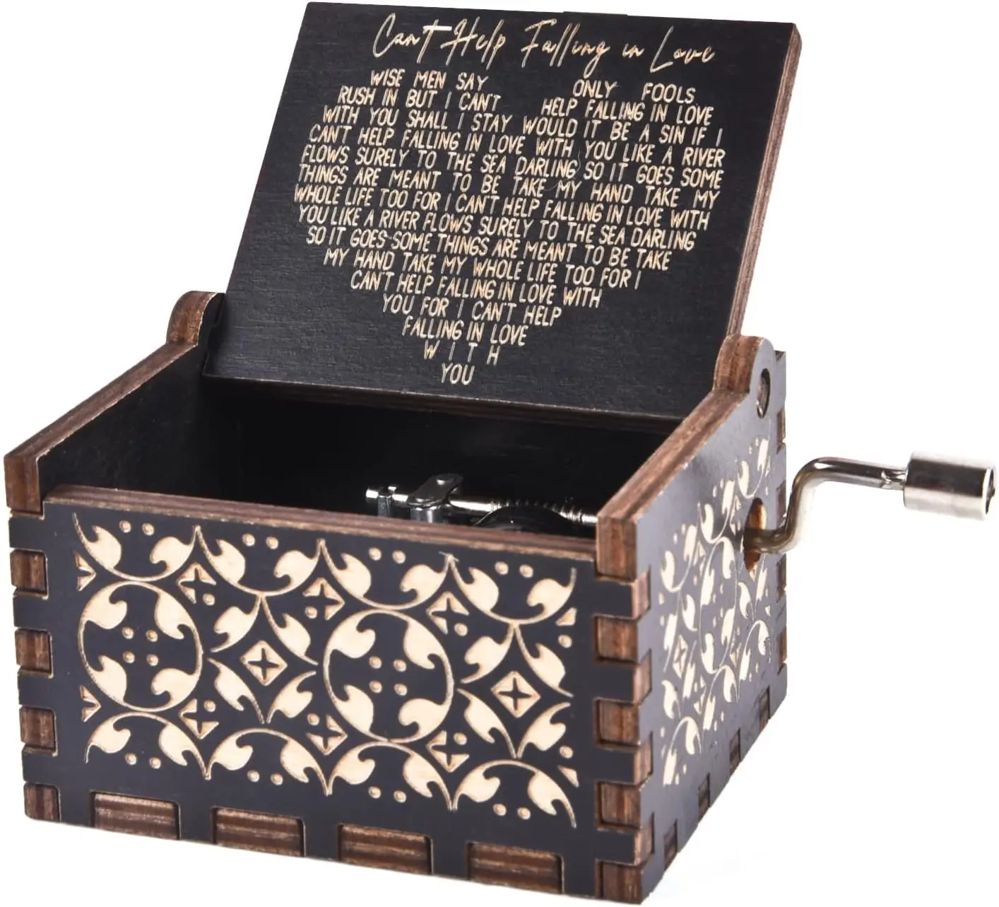 New Deal - Can't Help Falling in Love Wood Music Box Antique Engraved Hand Crank Musical Box for Valentine's Day Birthday Christmas Gifts for Lover Boyfriend Girlfriend Husband Wife