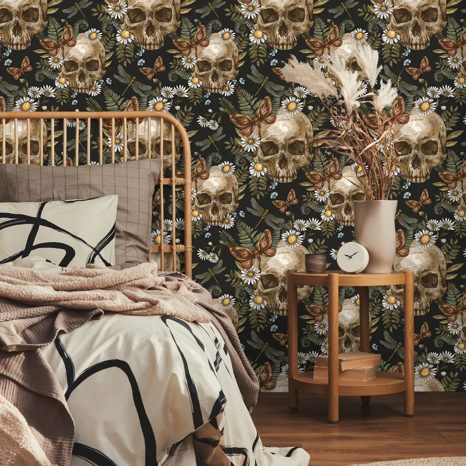 VEELIKE Dark Gothic Skulls Ferns Decorative Wallpaper, Self-Adhesive Peel-and-Stick Removable Mural, Halloween Floral Art for Bedroom, Bathroom, 17.7in x 118in Cabinets Wall Decor