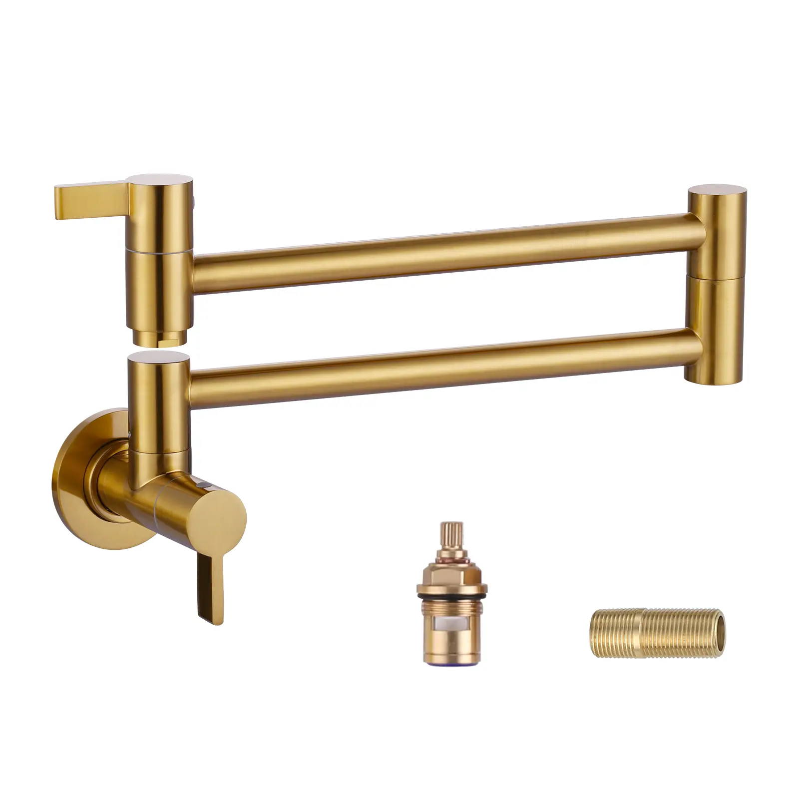 WOWOW Classic Glam Indoor Brushed Gold Wall-Mount Solid Brass Pot Filler Faucet, 2-Handle Vintage French Country Kitchen Fixture, Double-Joint Foldable Arm, Space-Saving Flexible Design with 1.8 gpm/4 gpm Aerator Faucet Attachment (Kitchen Accessories)