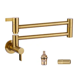 WOWOW Brushed Gold Pot Filler Faucet, Modern Pot Filler Wall Mount Folding Faucet 2 Handle with Double Joint Swing Arms Brass Stove Fixture