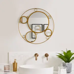 212 MAIN 19.75 in Round Smooth Wall-Mounted Decorative Vanity Mirror - Gold Metal Frame, 4 Glass Mirror Balls, Easy Installation, Modern Home Decor for Living Room, Bedroom