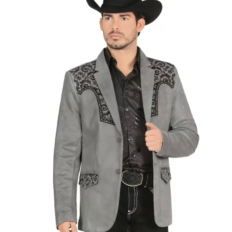 LAMASINI LAM-516 Grey Mens Western Embroidery Blazer Faux Suede Plaid Double Button Medium Length Hand Wash Only All Seasons Coats - Fabric, Long Sleeve, Menswear