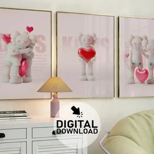White Kaws Figurines & Hearts Valentine's Day Poster Gift, Set of 3,  Hyper gift idea, Romantic Room Decor,