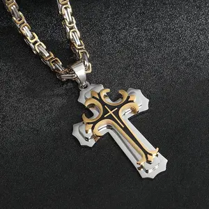 Stainless Steel Jesus Christ Cross Pendant Necklace, Rolo/Byzantine Chain, Religious Jewelry with Gold Plating