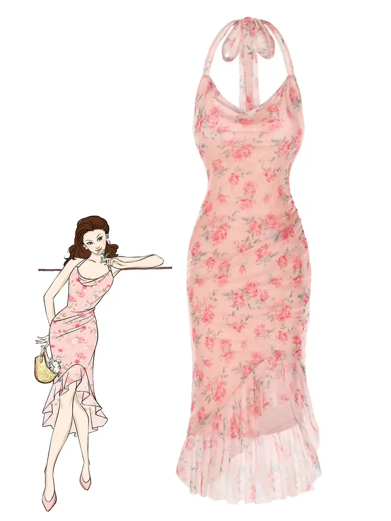 RETRO STAGE Women's 1930s Rose Print Below-Knee Mermaid Dress, Sleeveless High-Stretch Polyester Mesh with a Ruffled High-Low Hem, Casual Wear, Below The Knee, Dry In Shade, Concealed Zip, Rose Pattern, Cold Wash, Floral, Elastane, Zipper