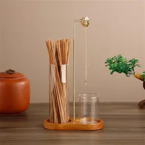 Real Wood Incense Burner with Carved Gourd Design, Glass Tube Holder, Rubberwood Sandalwood Line Incense Burner for Yoga Home Decor, Home Fragrance Decor