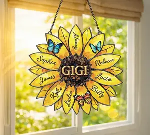 [PLS NOTE CUSTOM] Personalized Sunflower Suncatcher Custom Family Names Stained Acrylic Window Art