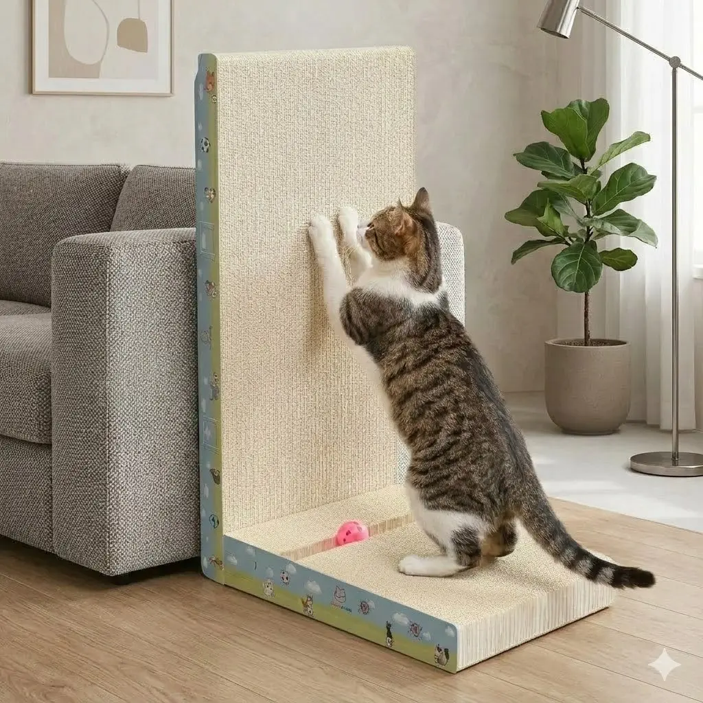 2-in-1 L Shaped Cat Scratcher Ramp & Toy, Wear-Resistant Eco-Friendly Cardboard Scratching Post, Durable Claws Grinding Pad with Track Bell Ball for Large Cats, Wall-Mounted Available tiktokshopsummersale