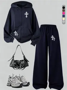 Autumn Winter New Fleece American Retro Cross Geometric Graphic Zipper Hoodie Set, Belted Straight Leg Loose Wide Leg Casual Sweatpants