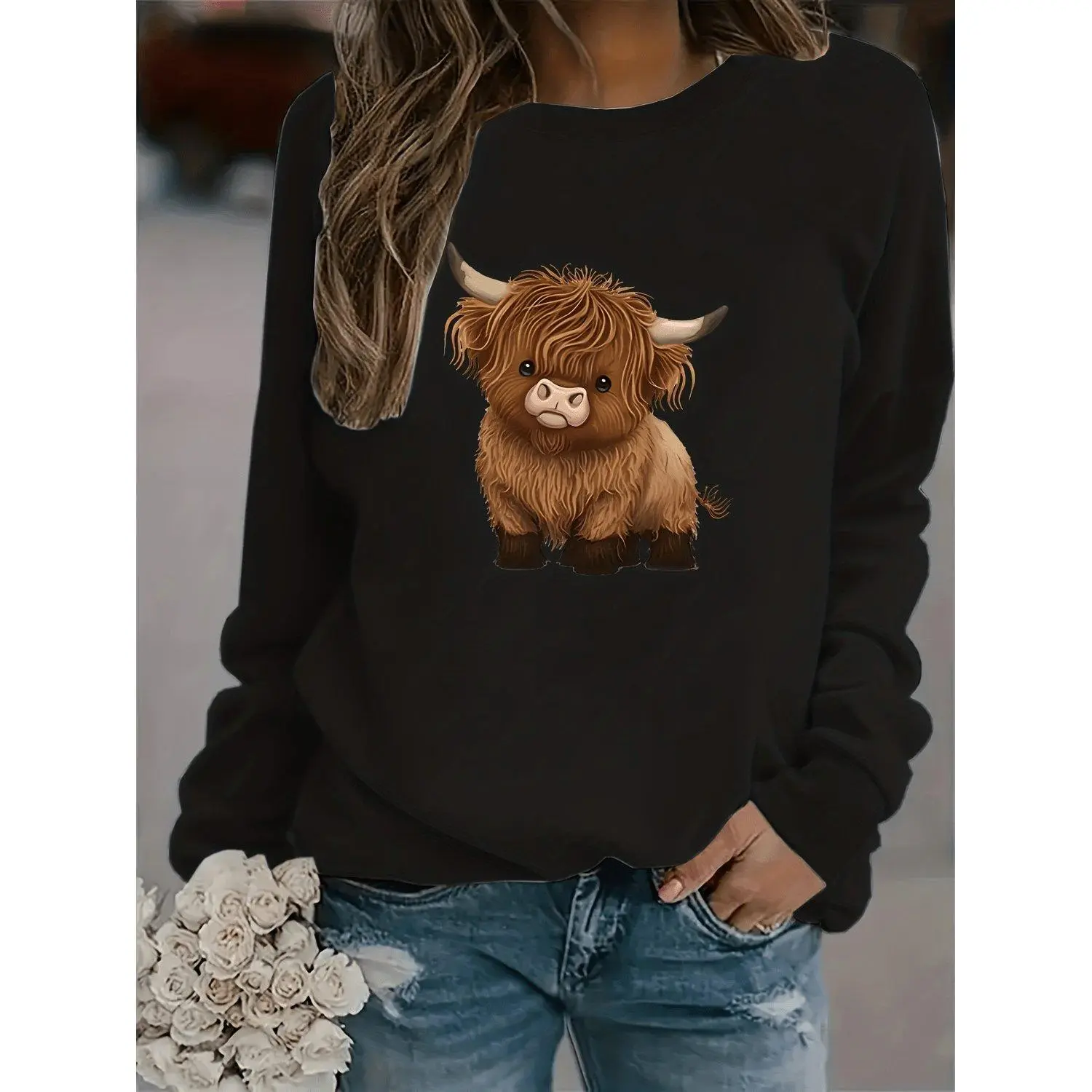 Plus Size Crew Neck Sweatshirt Mixed Yellow Cow Large Size Round Neck Pullover for Women Men Casual Stylish Comfortable Wear