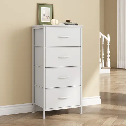 Sweetcrispy Tall Narrow 4-Drawer Fabric Bedroom Dresser - Indoor Drawer Unit with Reinforced Steel Frame, End Stops, Adjustable Legs, Easy-Pull Handles, PU Leather, Room Storage for Bedroom, Living Room