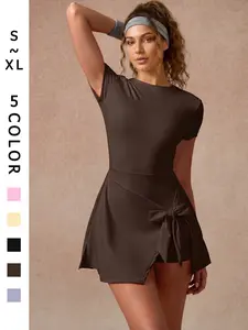Women's Solid Color Sports Short Sleeve Dress Anti-Chafing Soft Comfortable Slim Fit Backless Design Yoga Dress For Gym Outdoor Sports Tennis Wear One-Piece Built Safety Shorts All Season Daily Fashion Casual Versatile Women's Golf Sports Skort