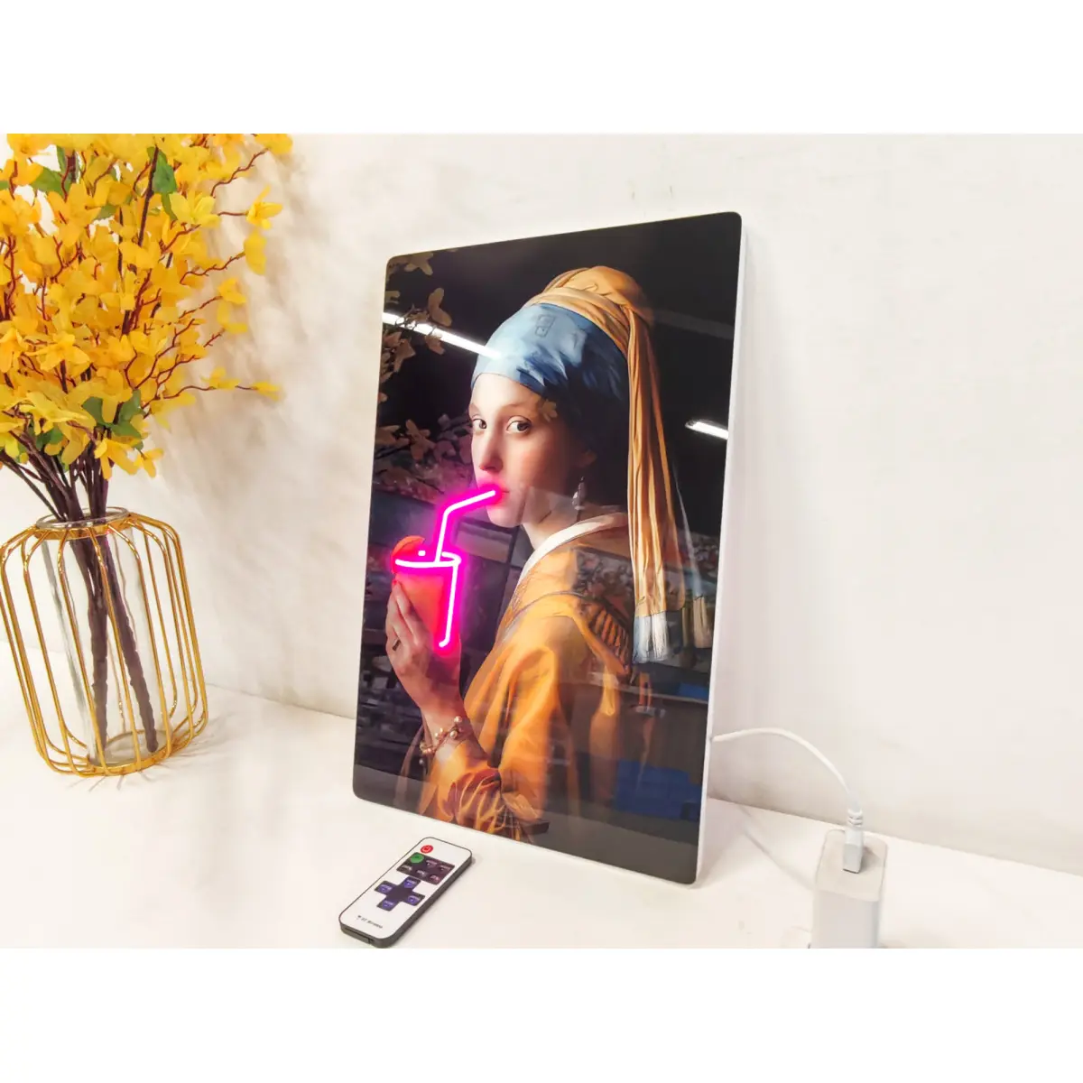 24x16 inches Neon Style LED Wall Art – Girl with a Pearl Earring Acrylic Print with Lighted Drink Effect, Unique Modern Artwork for Living Room and Bar On-Site