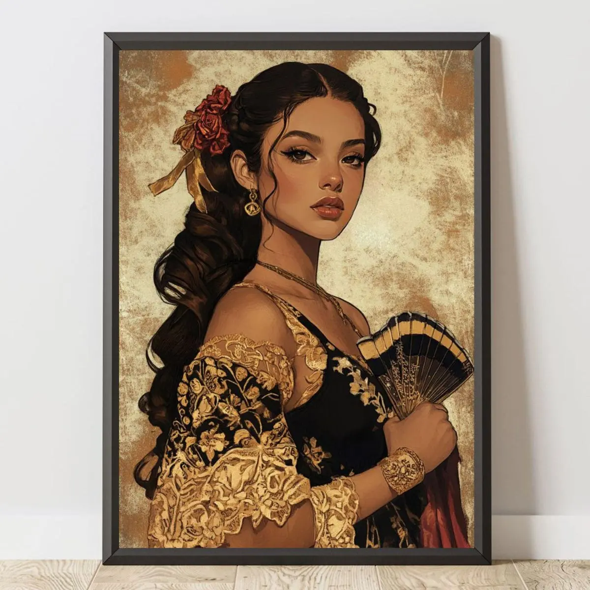 Beautiful Mexican Culture Art Print, Feminine Art Portrait, Home Decor, Mexican Wall Art, Latina Woman with Fan, Hispanic Art, Unframed, Room Decor