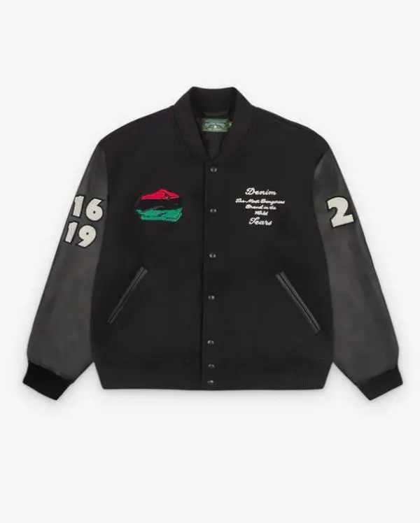 Men's Casual Wool Varsity Bomber Jacket with Soft Leather Sleeves, Ribbed Details and a Peace Wreath Emblem