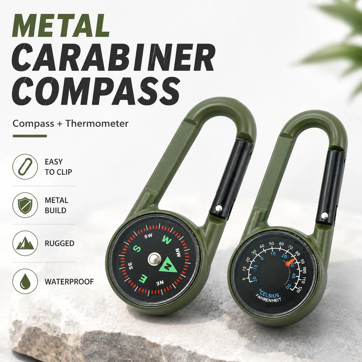 Metal Carabiner Compass Thermometer, Outdoor Clip-On Navigation Tool, Waterproof Camping Gear, Rugged Hiking Backpack Accessory for Travel, Backpacking, Camping, Fishing, Survival Kits, Outdoor Adventure Essentials
