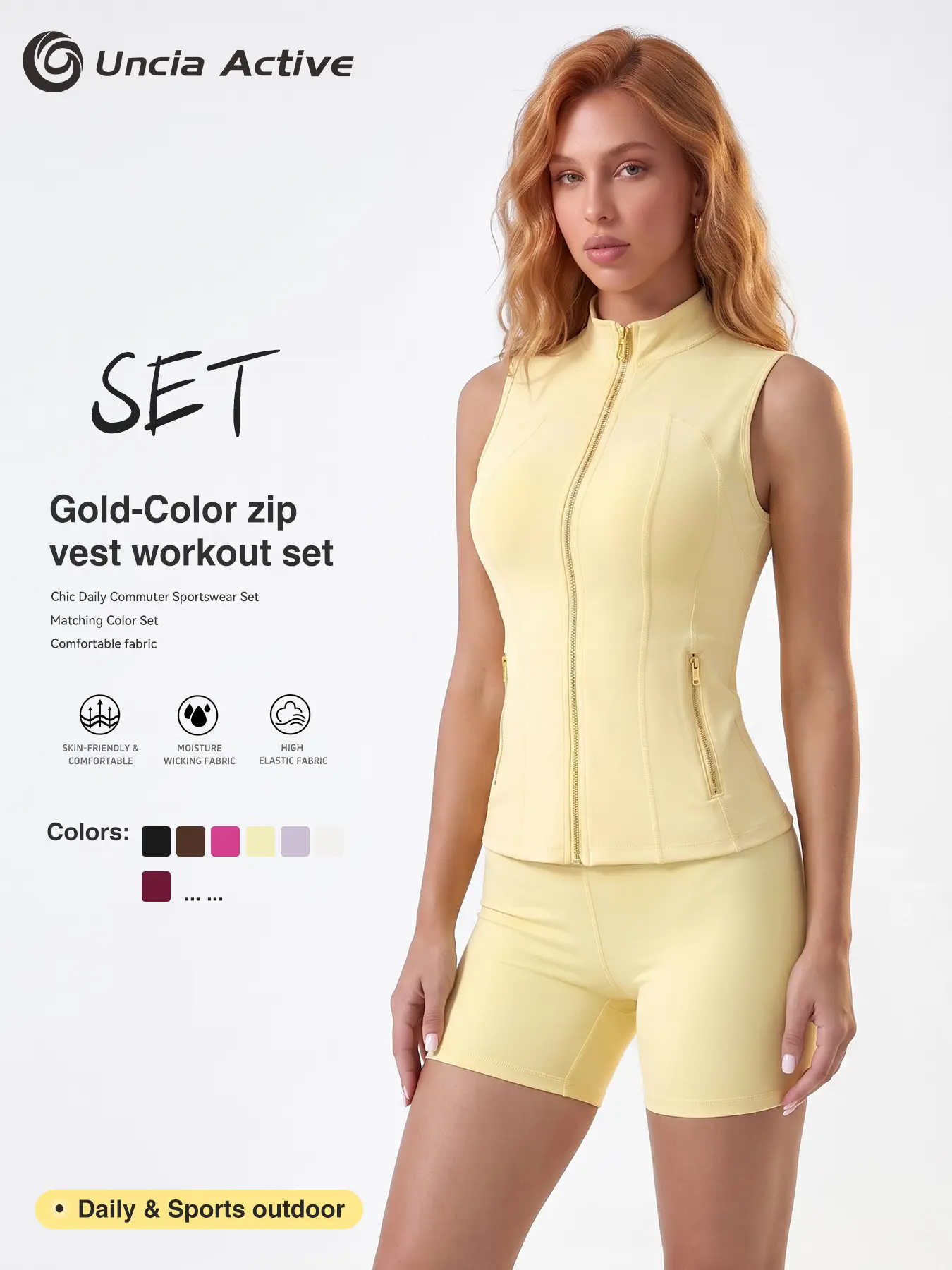 UnciaActive Women's 2-Piece Minimalist Gold-Color Zipper Vest & Tight Above-The-Knee Shorts Set - Airlayer Fabric, High Elasticity Workout Matching Sets for Women, Yoga, Gym Outfits, 2 Piece Sets