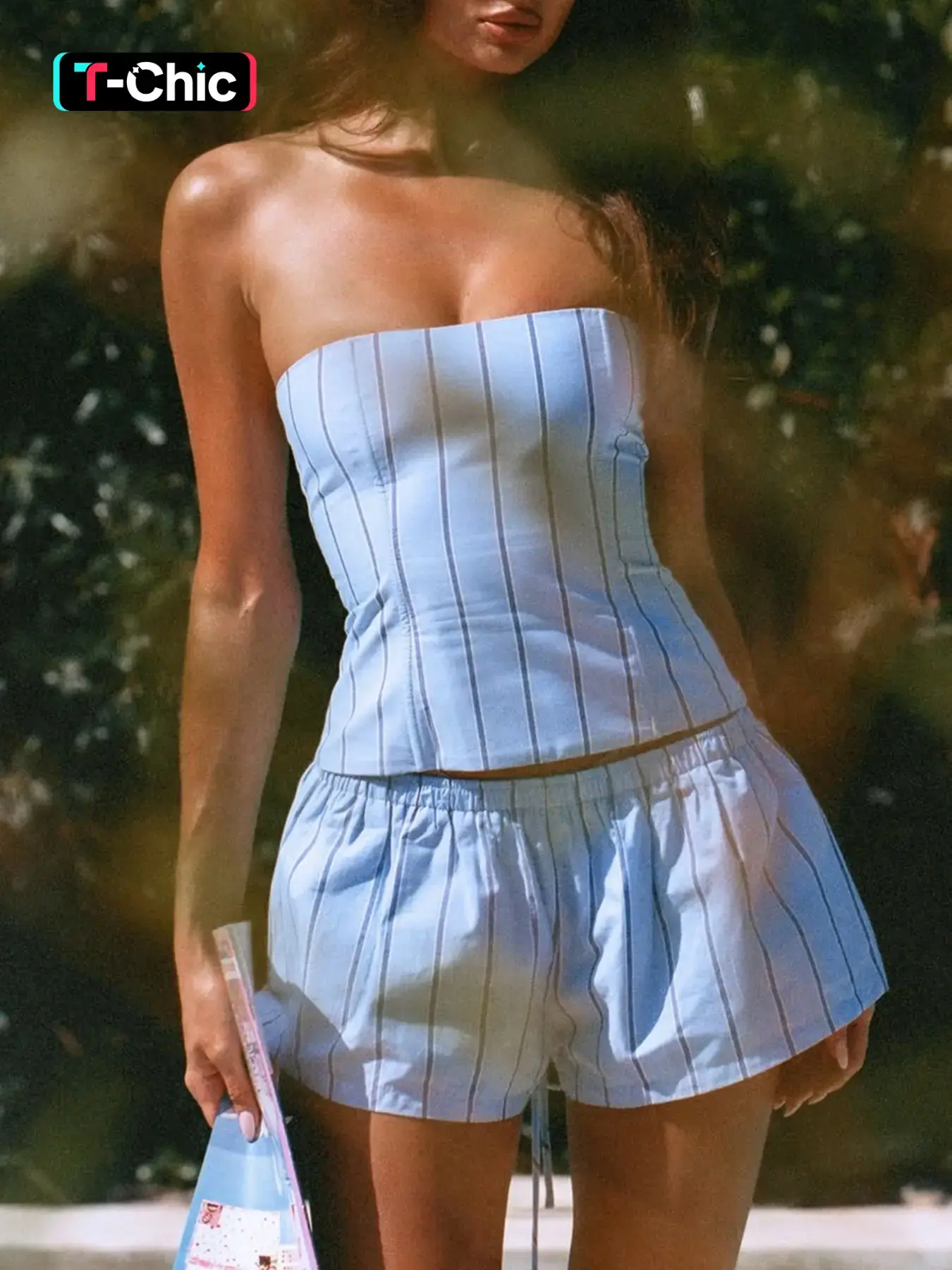 Striped Strapless Drawstring Adjustable Slim Crop Top & Shorts Two-Piece Matching Set, Women's Casual Sexy Summer Daily Outfit
