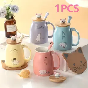 Cute Cat Design Ceramic Mug with Lid and Spoon, Perfect for Breakfast Milk, Great Holiday Gift, 14.2oz Capacity
