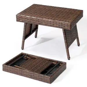 Outdoor Folding Side Table, Patio Rattan Coffee Table with PE Wicker & Heavy-Duty Steel Frame for Garden, Courtyard, Poolside, Brown