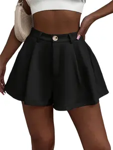 Women's High Waist Wide Leg Shorts with Pockets, Stretchy Ruched Elegant Design, Casual Summer Wear, Comfortable Ladies Fashion Apparel