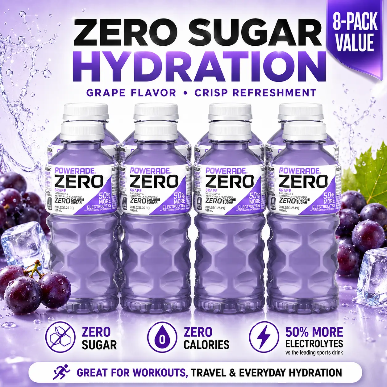 Electrolyte Enhanced 0 Sugar Grape Sports Drink, 20oz Bottles (Pack of 8) - Hydration & Performance Support