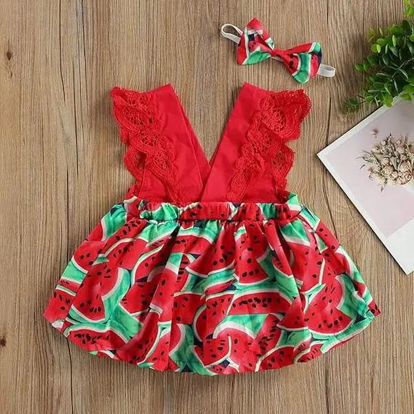 Baby Girl Romper Dress Watermelon Outfit Ruffle Sleeveless Bodysuit Tutu Dress Headbands Set Summer Clothes