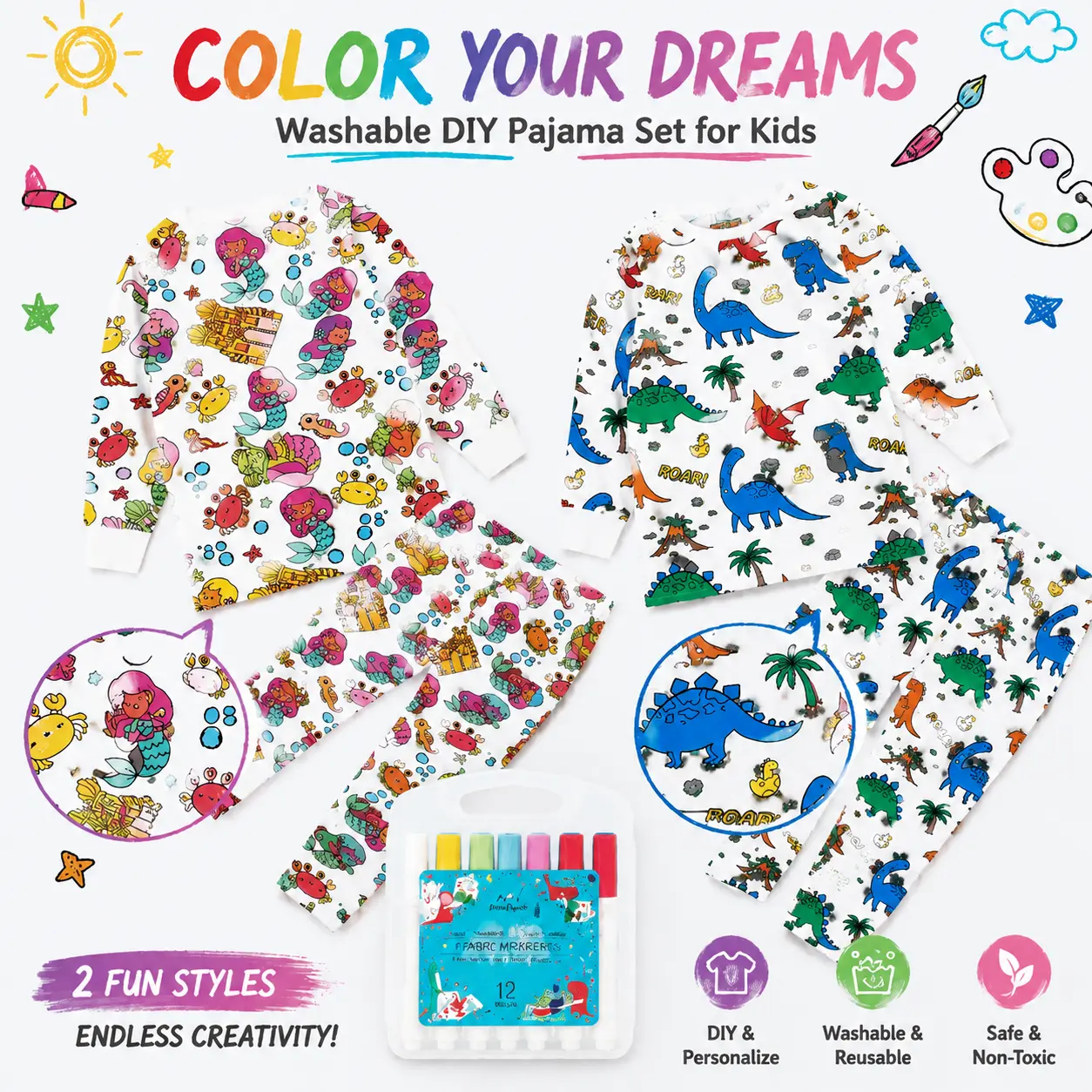 Kids Coloring Pajamas, DIY Color Your Own Pajama Set for Boys & Girls, Creative Drawing Sleepwear with Washable Markers, Fun Gift for Kids