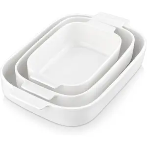 Casserole Dishes for Oven, Ceramic Baking Dishes Set of 3, Rectangular Lasagna Pan Deep Baking Pans, Bakeware Sets with Handles  Set, White (13.8''/11.7''/9.4''), Series BAKE