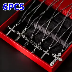 6-piece stainless steel chain necklace set, retro mixed style cross pendant, artificial fashion hip-hop gothic style multi-functional layering style, suitable for Easter, St. Patrick's Day and Day of the Dead, friends' gift