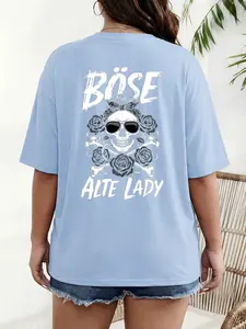 German Retro Design Böse Alte Lady Skull Rose Print Plus Size T-Shirt, Loose Shoulder Pure Cotton Short Sleeve, Casual Summer Top